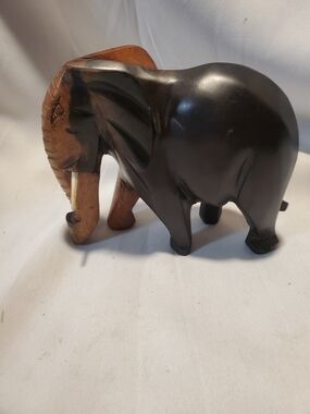 Vintage Hand Carved Ebony Wood Elephant Figurine - Two Tone Inlays with...